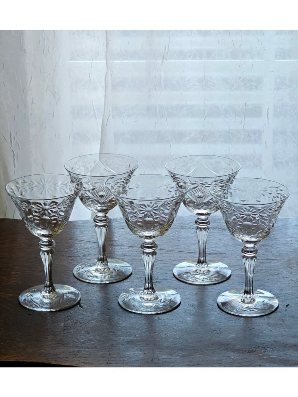 5 Vintage Tiffin Franciscan Etched Coupe Cocktail Glasses 5" Floral Daisy crysta